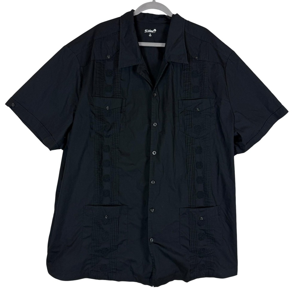 KS Island Shirt Mens 4XL Black Guayabera Embroidered Short Sleeve Button Front